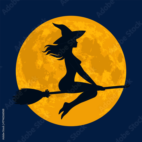 Silhouette of a Witch Flying on a Broom Against Full Moon
