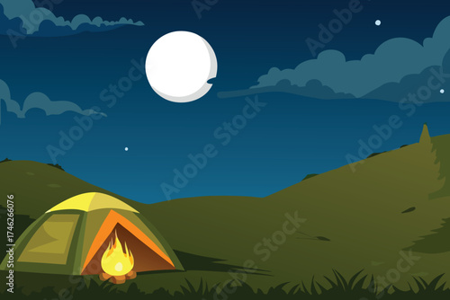 A solitary tent glows warmly under a bright nighttime moon