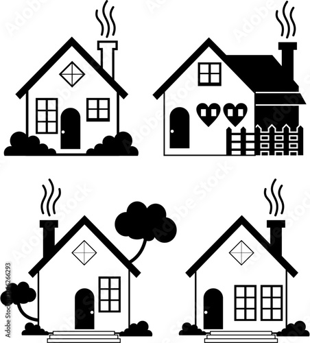 A set of four charming black and white house illustrations. Each features a chimney with smoke, windows, doors, and some with fences, bushes, or trees. Simple, warm home icons.