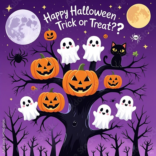 Happy halloween trick or treat with ghosts pumpkins and black cat.