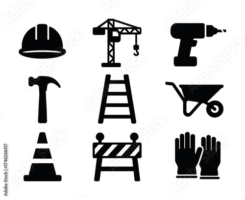 Vector Construction tools icons: helmet, crane, drill, hammer, ladder, wheelbarrow, cone, barrier, gloves