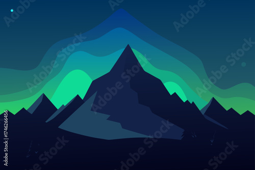 Night Sky Mountain Silhouette with Aurora Lights