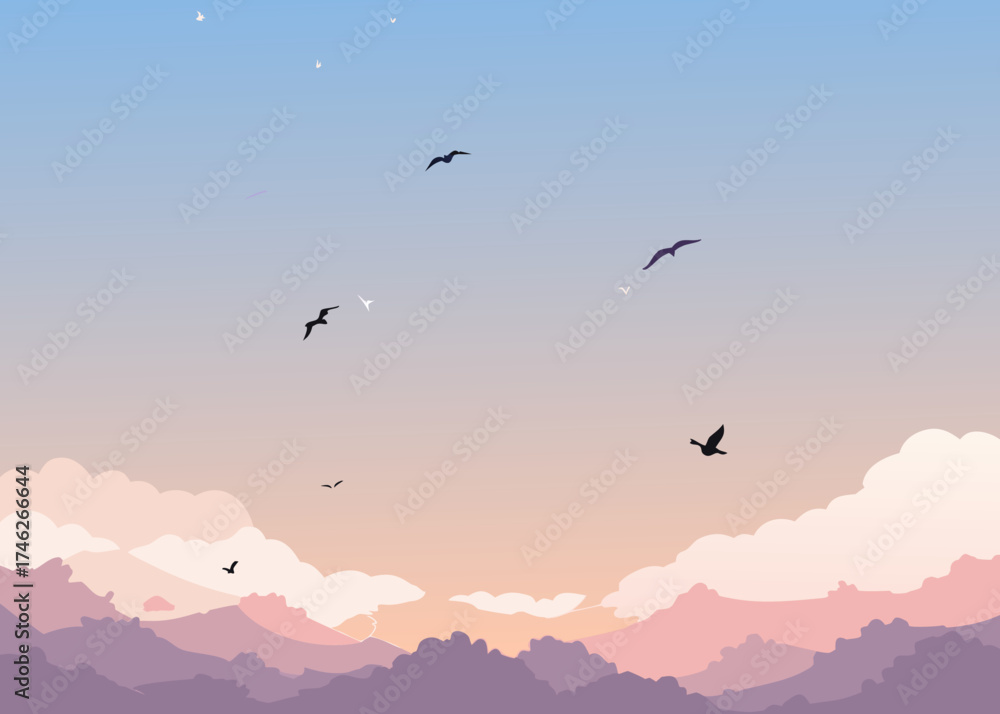 Fototapeta premium pastel watercolor sky with bird silhouettes background