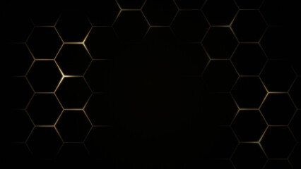 Pattern of glowing gold hexagons on black background. Technology, connection and data concept. High resolution full frame abstract and modern background with copy space.
