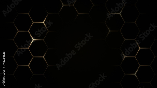 Pattern of glowing gold hexagons on black background. Technology, connection and data concept. High resolution full frame abstract and modern background with copy space.
