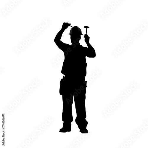 Silhouette of an electrician installing ceiling lights in a new building isolated on white background