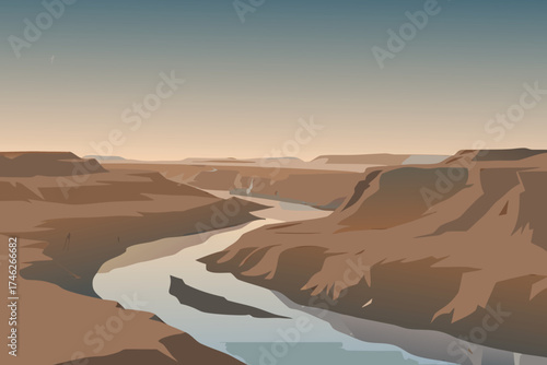 A stylized illustration of a winding river through a desert canyon