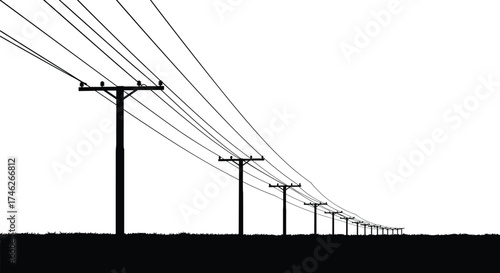 Black silhouette of electric poles with power lines extending into distance over white background, minimal energy infrastructure landscape illustration