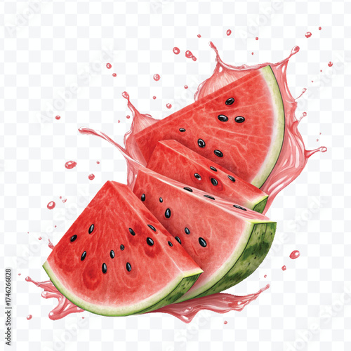 fresh watermelon slices  fruit with  Juice splash in different style isolated on transparent background