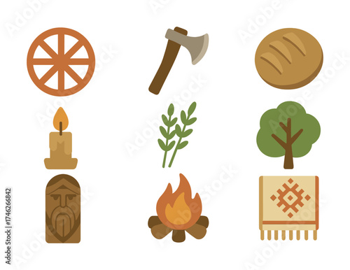 Vector Set of viking icons: axe, bread, candle, herbs, tree, fire, wooden idol, carpet, wheel