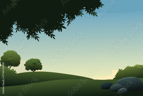 Peaceful rolling hills and trees under a calming blue sky