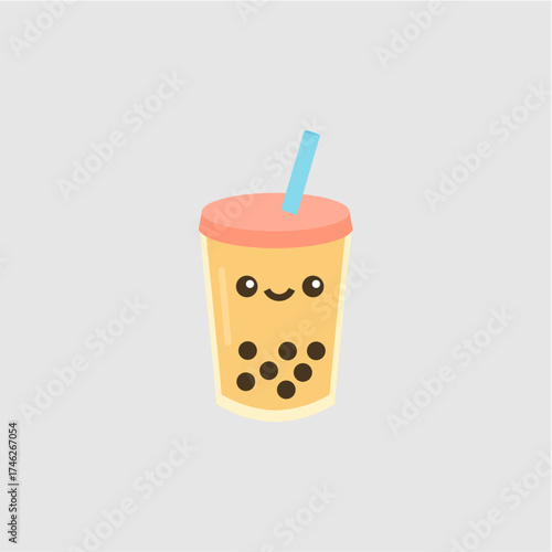 Vector bubble tea with pearls and straw in kawaii style m13.eps