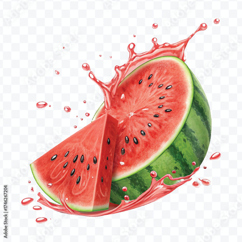 fresh watermelon slices  fruit with  Juice splash in different style isolated on transparent background