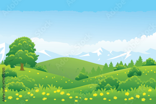A vibrant landscape featuring green hills trees and snow capped mountains