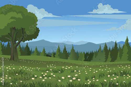 Scenic landscape with trees mountains and a vibrant green meadow