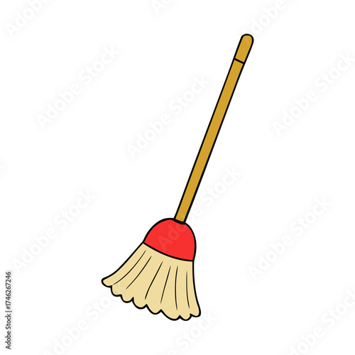 Mop with wooden handle and red head on transparent background  