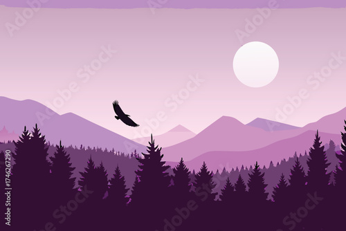 Purple mountains and silhouetted birds under a glowing moonlit sky
