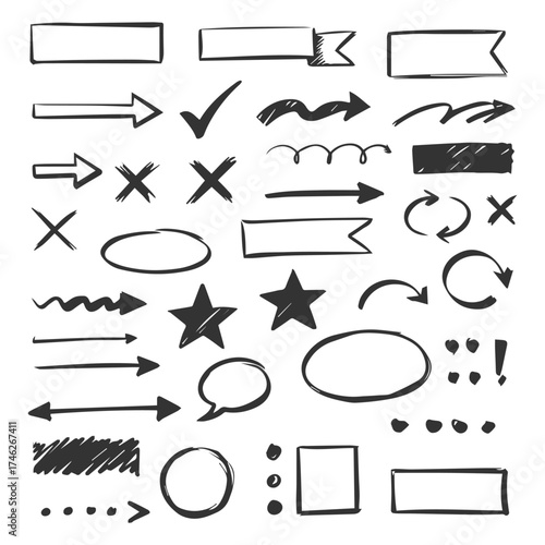 Collection of hand drawn doodle elements including arrows speech bubbles stars checkmarks and ribbons