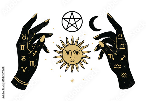 Vector Mystical hands with zodiac signs, sun, moon, and pentagram symbols