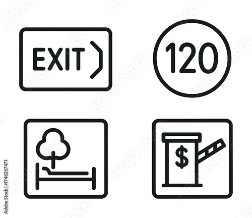 Vector Minimalistic icons: exit, speed limit, rest area, toll booth symbols