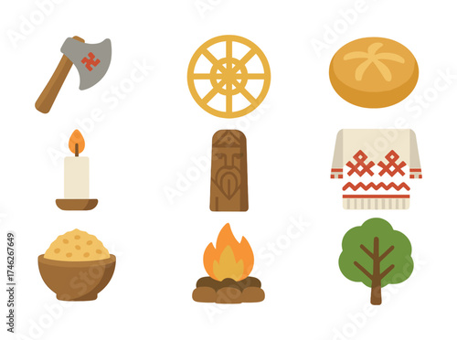 Vector Traditional slavic symbols collection featuring axe, wheel, bread, candle, tree, sweater, fire, bowl