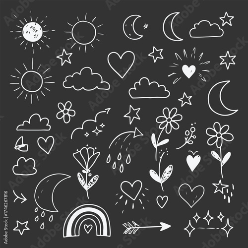 Chalkboard doodles of celestial bodies hearts flowers clouds and rainbows with an arrow and stars