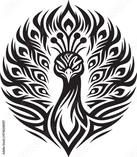 This striking image is a bold black and white tribal-style illustration of an angry peacock with its impressive tail feathers fully fanned out in a symmetrical pattern.