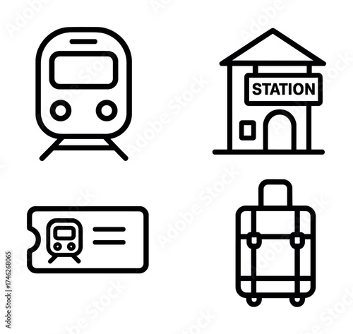 Vector Train travel icons: train, station, ticket, luggage in simple black line art for transportation theme