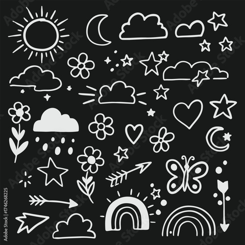 Collection of hand drawn white chalk doodles on a black background featuring celestial bodies and nature elements