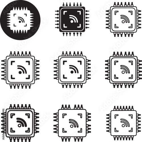 Collection of microchip icons in a grid layout on transparent background silhouette