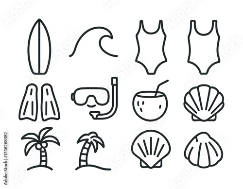 Vector Beach icons set: surfboard, waves, swimsuits, snorkeling gear, palm trees, shells, coconut drink