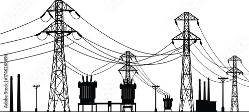 Black silhouette of electric power station with high voltage transmission towers, transformers, and industrial plant for energy distribution illustration