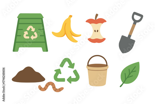 Vector Eco-friendly composting icons: bin, banana peel, apple core, shovel, recycling, worm, organic waste