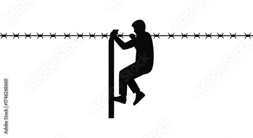 Silhouette of a person climbing over a barbed wire fence representing struggle and overcoming obstacles