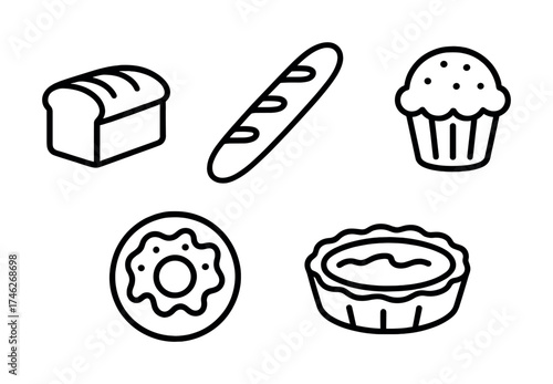 Vector Outline icons of bread, baguette, muffin, doughnut, and pie