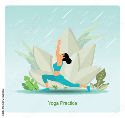 Yoga practice concept. Woman practicing warrior pose on mat surrounded by leaves.
