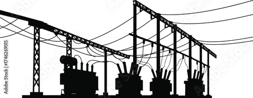 Black silhouette of electric power substation with multiple transformers, poles, and cables for industrial energy distribution system vector illustration