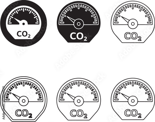 Carbon dioxide gauge icons in varied styles ideal for design on transparent background silhouette