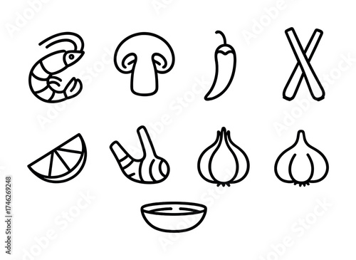 Vector Black and white icons of shrimp, mushroom, chili, chopsticks, lemon, ginger, onion, garlic, bowl