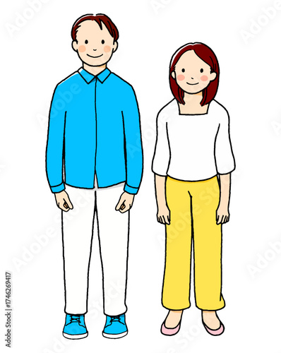 若い男女のカップルのイラスト。カラー。