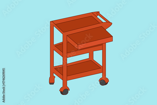 Red three-tier service cart on casters with push handle, simple isometric view.