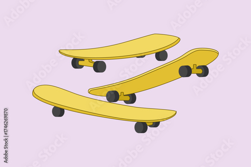 Set of three minimal yellow skateboards with black wheels in dynamic angles.