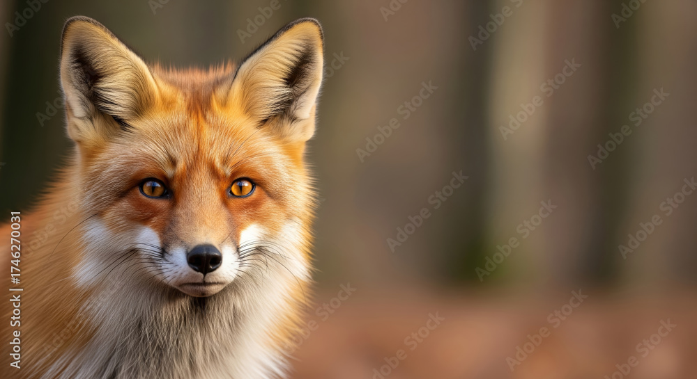 Fototapeta premium Cinematic close-up portrait of a beautiful red fox looking at the camera in the forest