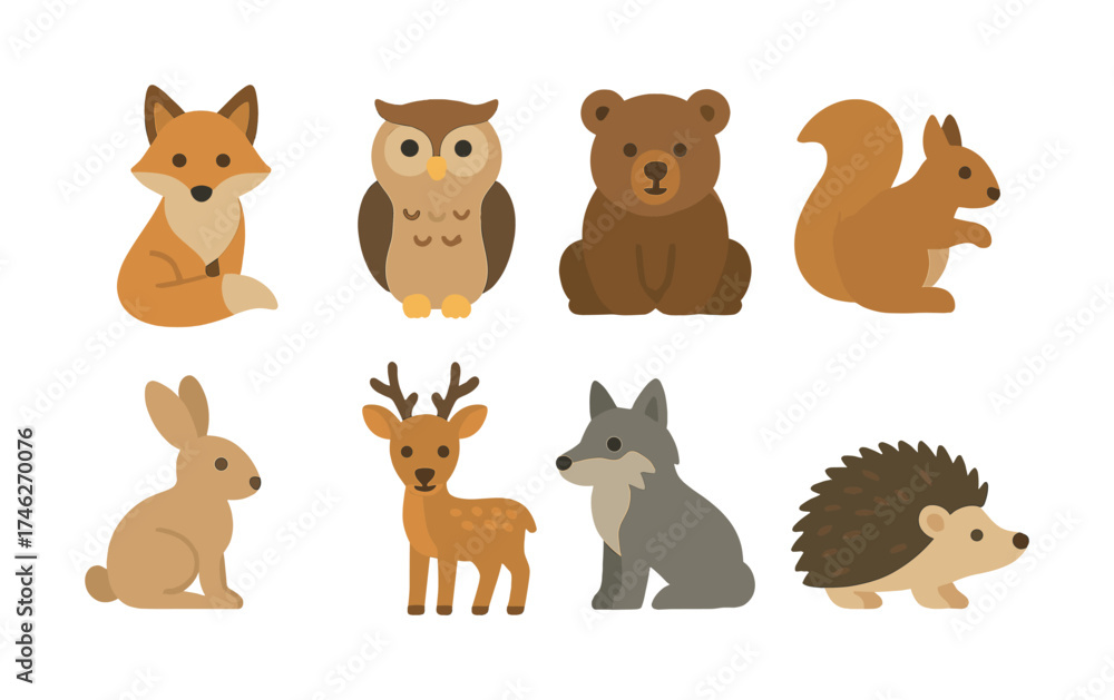 Fototapeta premium Vector Cartoon forest animals set: fox, owl, bear, squirrel, rabbit, deer, wolf, hedgehog