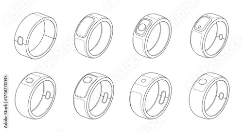 Vector art of smart ring collection showcasing various designs and features, wearable technology for health and fitness tracking