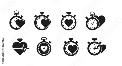 Vector art of set of heart rate timer icons, illustrating health monitoring and time management for fitness and wellness tracking