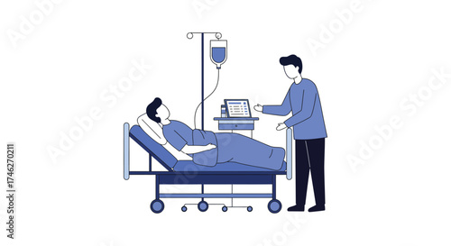 Patient recovering in hospital bed receiving medical care from nurse or doctor illustration with iv drip and monitoring equipment