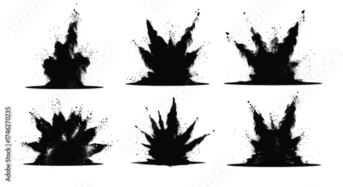 Vector art of set of black powder explosions dynamic bursts and splatters for special effects and dramatic designs