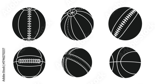 Vector art of different types of ball silhouettes collection of sport balls for american football, volleyball, baseball, basketball