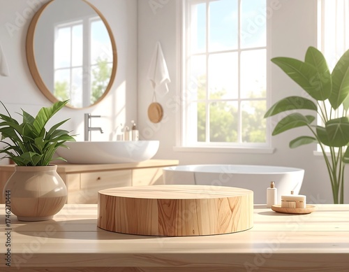 Modern Bathroom Interior with Wooden Pedestal and Decorative Plants